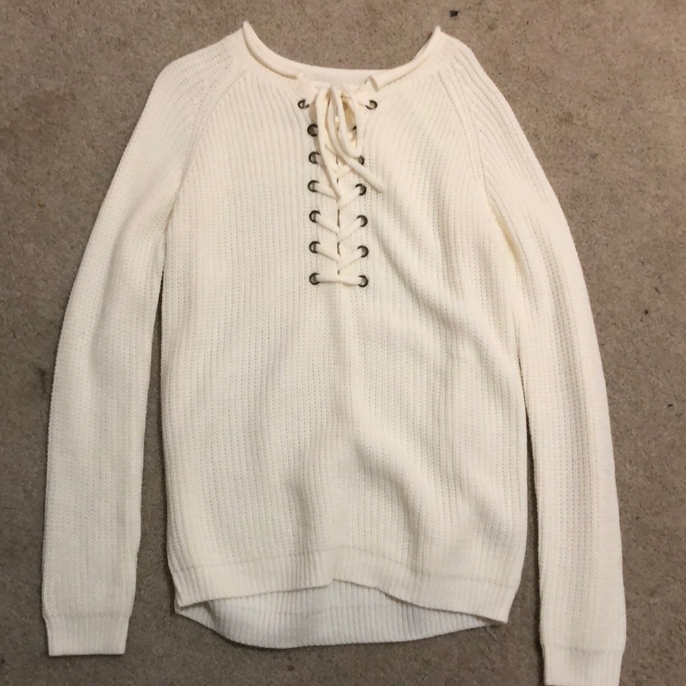 white lace up sweater